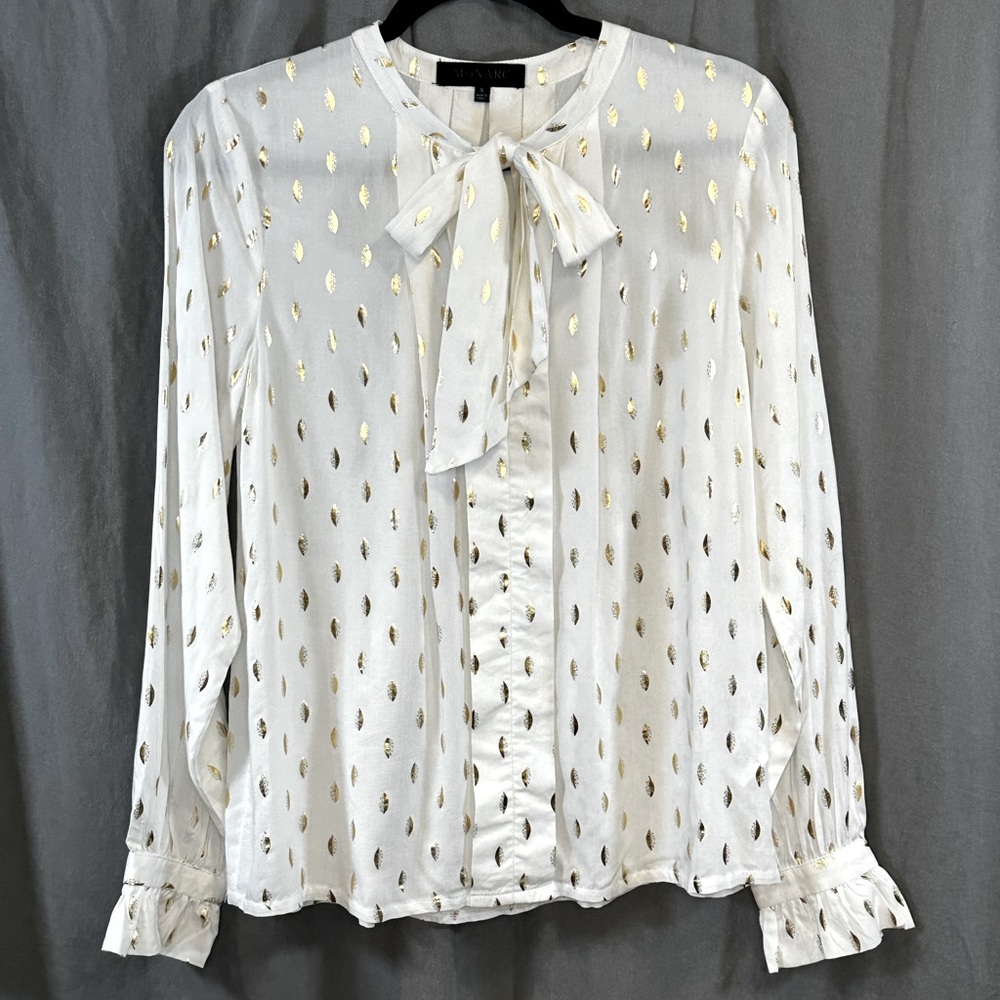 Monarch Creamy White & Gold Long Sleeve Blouse, Gathered Wrist & Tie at Neckline